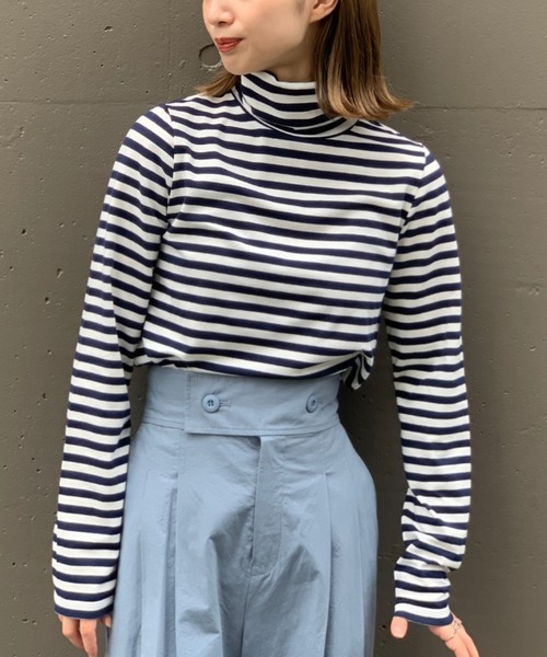 CIAOPANIC（チャオパニック）の「ボーダーカットタートルネックトップス（Tシャツ/カットソー・レディース・ブラック/ネイビー/ブラウン・FREE）」の3枚目の写真