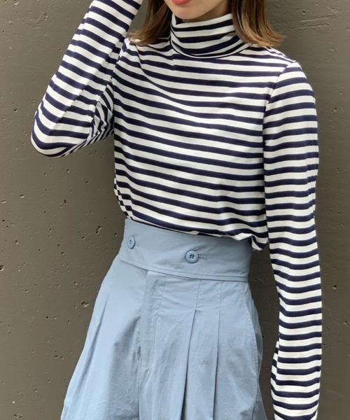 CIAOPANIC（チャオパニック）の「ボーダーカットタートルネックトップス（Tシャツ/カットソー・レディース・ブラック/ネイビー/ブラウン・FREE）」の10枚目の写真