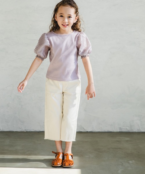 pairmanon（ペアマノン）の「【プレミアムリブコットン100%】ドットシアードッキングパワーショルダー半袖ブラウス（Tシャツ/カットソー・キッズ・ブラック/アイボリー/ラベンダー/グレイッシュベージュ・110/120/130/150/100/90/140）」の17枚目の写真