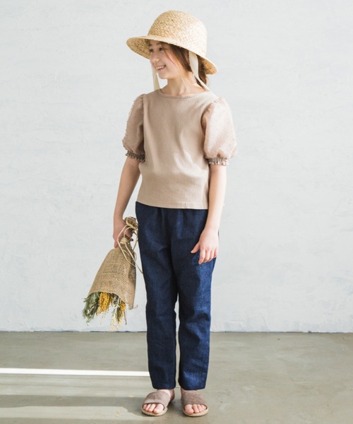 pairmanon（ペアマノン）の「【プレミアムリブコットン100%】ドットシアードッキングパワーショルダー半袖ブラウス（Tシャツ/カットソー・キッズ・ブラック/アイボリー/ラベンダー/グレイッシュベージュ・110/120/130/150/100/90/140）」の6枚目の写真