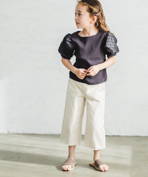 pairmanon（ペアマノン）の「【プレミアムリブコットン100%】ドットシアードッキングパワーショルダー半袖ブラウス（Tシャツ/カットソー・キッズ・ブラック/アイボリー/ラベンダー/グレイッシュベージュ・110/120/130/150/100/90/140）」の15枚目の写真