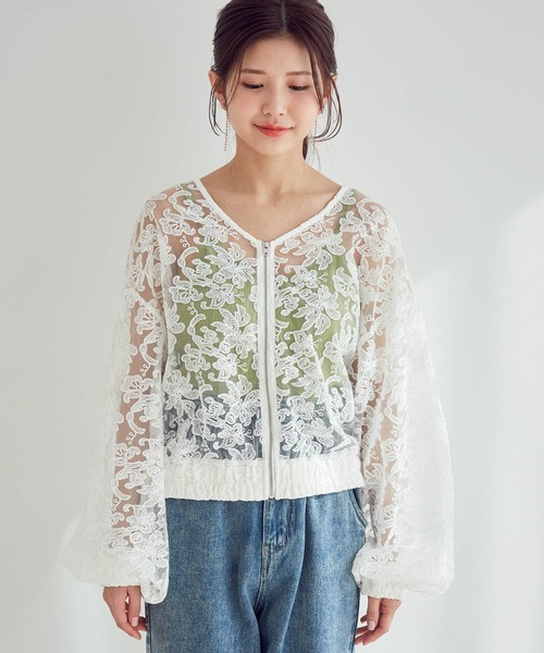 vis-`a-vis(ビサビ)の「【WEB限定】シースルーシアーレースノーカラーブルゾン(ブルゾン・レディース・ホワイト/ブラック・M)」の10枚目の写真