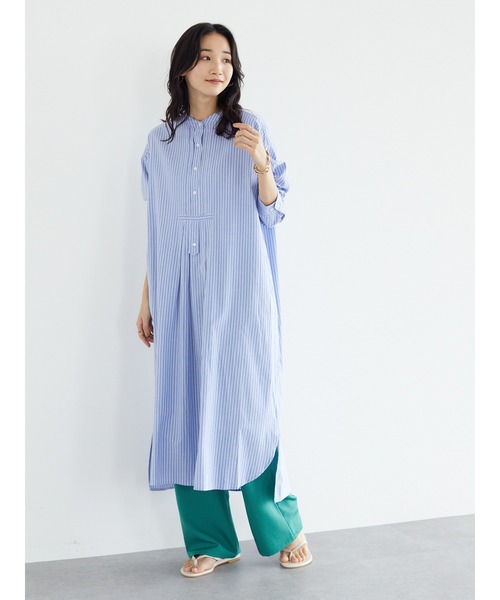 CRAFT STANDARD BOUTIQUE（クラフトスタンダードブティック）の「タックバンドカラーシャツワンピース　＊◆（シャツワンピース・レディース・ストライプ/ベージュ系その他2/ブルー系その他6・FREE）」の4枚目の写真