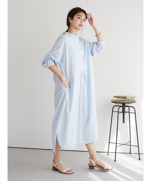CRAFT STANDARD BOUTIQUE（クラフトスタンダードブティック）の「タックバンドカラーシャツワンピース　＊◆（シャツワンピース・レディース・ストライプ/ベージュ系その他2/ブルー系その他6・FREE）」の7枚目の写真