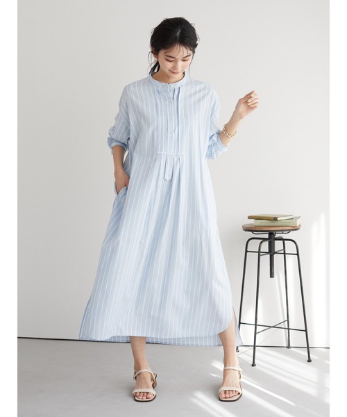 CRAFT STANDARD BOUTIQUE（クラフトスタンダードブティック）の「タックバンドカラーシャツワンピース　＊◆（シャツワンピース・レディース・ストライプ/ベージュ系その他2/ブルー系その他6・FREE）」の8枚目の写真