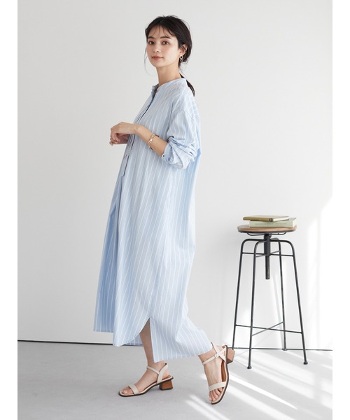 CRAFT STANDARD BOUTIQUE（クラフトスタンダードブティック）の「タックバンドカラーシャツワンピース　＊◆（シャツワンピース・レディース・ストライプ/ベージュ系その他2/ブルー系その他6・FREE）」の9枚目の写真