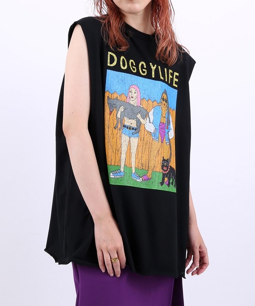 PUNYUS（プニュズ）の「DOGGYLIFEノースリーブTシャツ（Tシャツ/カットソー・レディース・ブラック/ベージュ/ライム・3/4）」の13枚目の写真