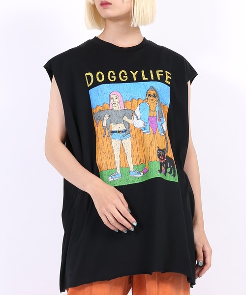 PUNYUS（プニュズ）の「DOGGYLIFEノースリーブTシャツ（Tシャツ/カットソー・レディース・ブラック/ベージュ/ライム・3/4）」の18枚目の写真