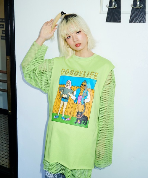 PUNYUS（プニュズ）の「DOGGYLIFEノースリーブTシャツ（Tシャツ/カットソー・レディース・ブラック/ベージュ/ライム・3/4）」の22枚目の写真