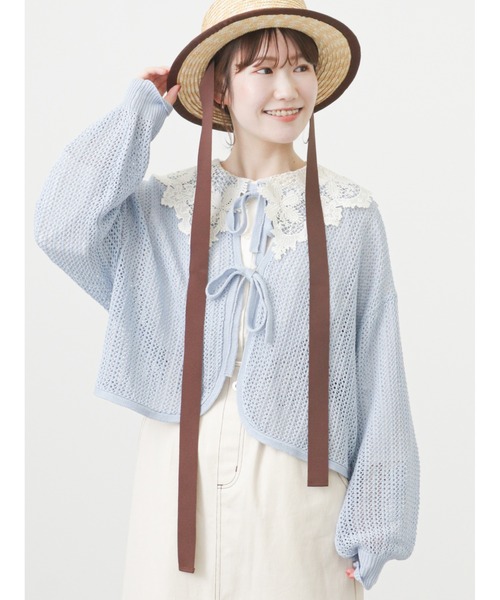 ehka sopo（エヘカソポ）の「メッシュ編みリボンカーディガン（カーディガン/ボレロ・レディース・ブラック/サックスブルー/キナリ・ﾌﾘ-）」の3枚目の写真