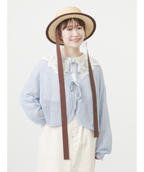 ehka sopo（エヘカソポ）の「メッシュ編みリボンカーディガン（カーディガン/ボレロ・レディース・ブラック/サックスブルー/キナリ・ﾌﾘ-）」の9枚目の写真