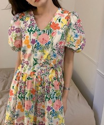 花柄Vネックワンピース