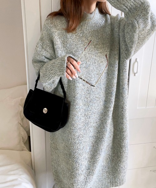 セール】ミックス糸でふんわりキュート。ミドル丈ニットワンピース