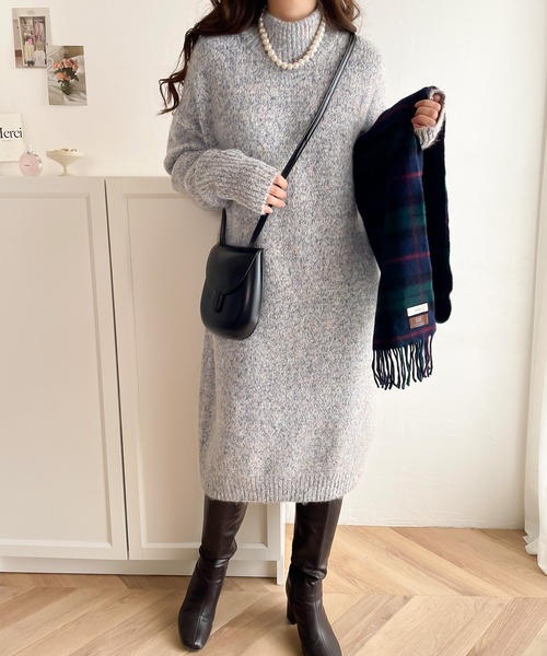 セール】ミックス糸でふんわりキュート。ミドル丈ニットワンピース