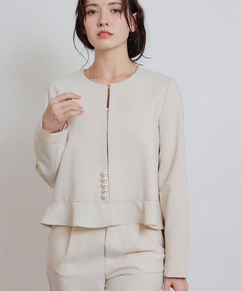 セットアップ可能】ペプラムパールジャケット（ノーカラージャケット