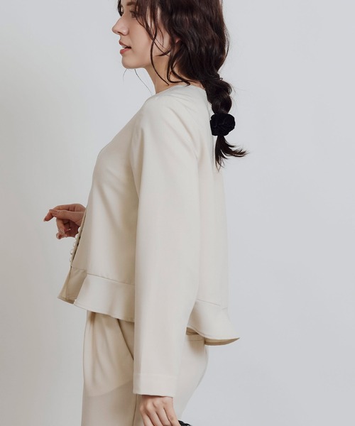 セットアップ可能】ペプラムパールジャケット（ノーカラージャケット