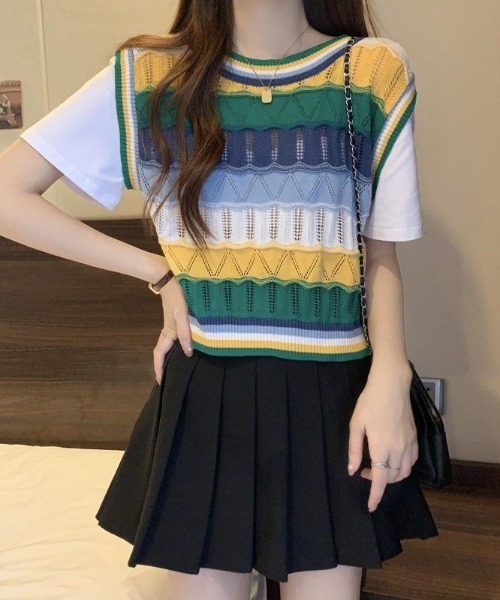 almo（アルモ）の「ジャガードニットクルーベスト(BEY)（ベスト・レディース・イエロー/グリーン/ピンク・FREE）」の3枚目の写真