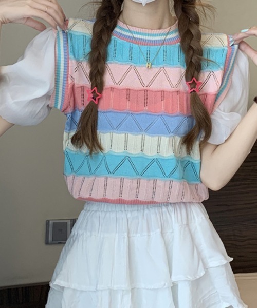 almo（アルモ）の「ジャガードニットクルーベスト(BEY)（ベスト・レディース・イエロー/グリーン/ピンク・FREE）」の6枚目の写真