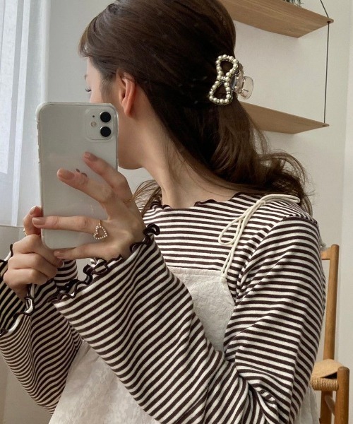 flower（フラワー）の「パーリーリボンクリップ（バレッタ/ヘアクリップ・レディース・ブラウン/アイボリー・FREE）」の14枚目の写真