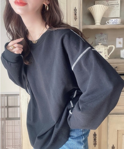 Ada.(エイダ)の「秋冬の定番 配色 ステッチデザイン オーバーサイズ スウェット・トレーナー(スウェット・レディース・オフホワイト/グレー/ブラック/ベージュ・FREE)」の3枚目の写真