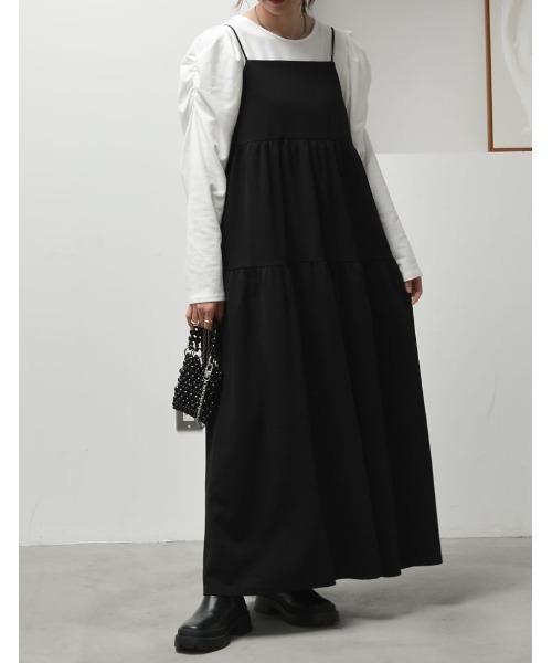 Re:EDIT（リエディ）の「[低身長/高身長サイズ有][イージーケア]カットジョーゼットティアードバックオープンキャミワンピース（ジャンパースカート・レディース・アイボリー系/ブラック/チャコールグレー・SHORT/LARGE/TALL/MEDIUM）」の12枚目の写真