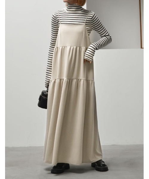 Re:EDIT（リエディ）の「[低身長/高身長サイズ有][イージーケア]カットジョーゼットティアードバックオープンキャミワンピース（ジャンパースカート・レディース・アイボリー系/ブラック/チャコールグレー・SHORT/LARGE/TALL/MEDIUM）」の13枚目の写真