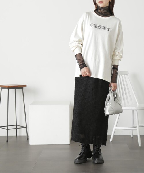 FREE'S MART（フリーズマート）の「◆ロゴ刺繍ビッグロングＴシャツ（Tシャツ/カットソー・レディース・ホワイト/ホワイト系その他/ブラック・FREE）」の11枚目の写真