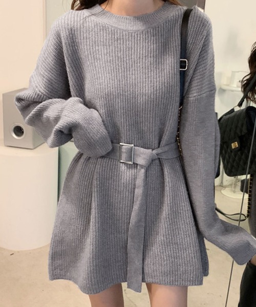 【絶品】 セール】ベルト付きニットチュニック（チュニック）｜Dewlily トップス
