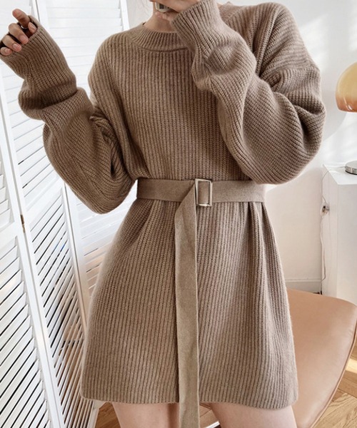 Dewlily(デューリリー)の「ベルト付きニットチュニック(チュニック・レディース・ホワイト/イエロー/ブラック/ピンク/グレー/ブラウン・FREE)」の13枚目の写真