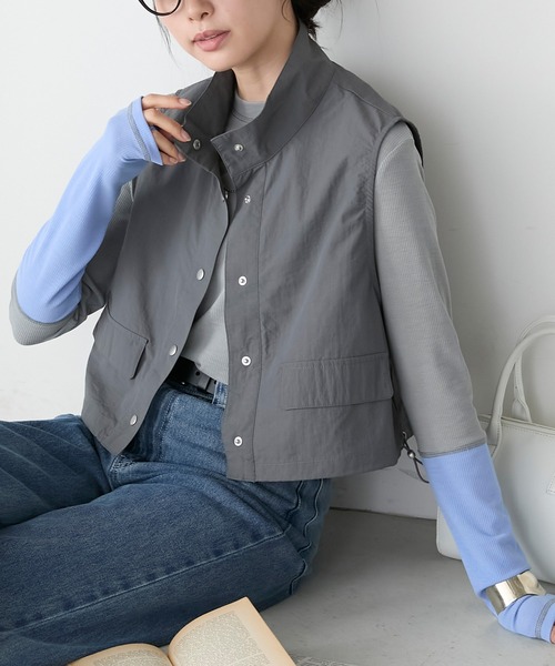 BONLECILL(ボンルシール)の「【セットアップ対応】ドロストヘムナイロンクロップドベスト(ベスト・レディース・ブラック/アイボリー/チャコールグレー/カーキ/ピンク・FREE)」の9枚目の写真