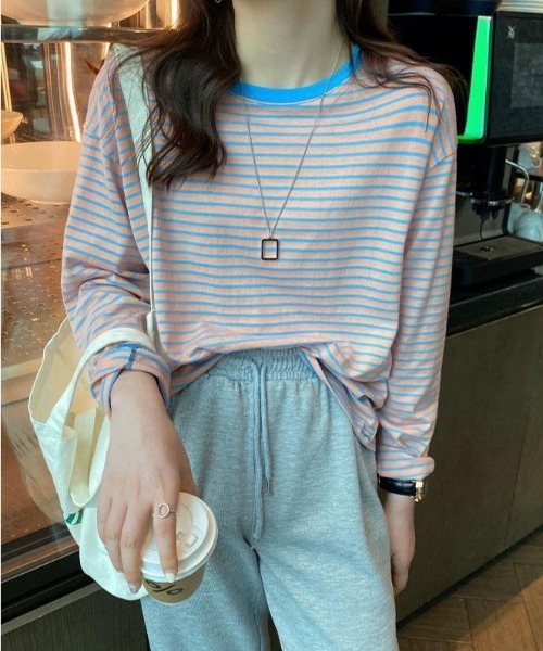 Per sist ence(パーシエンス)の「ボーダーリンガーTシャツ(Tシャツ/カットソー・レディース・ホワイト×レッド/サックスブルー系/ホワイト×ブラック/イエロー×ブラック/イエロー×グレー・FREE)」の4枚目の写真