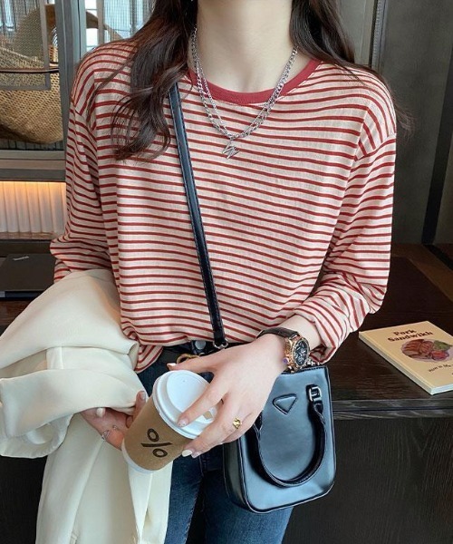 Per sist ence(パーシエンス)の「ボーダーリンガーTシャツ(Tシャツ/カットソー・レディース・ホワイト×レッド/サックスブルー系/ホワイト×ブラック/イエロー×ブラック/イエロー×グレー・FREE)」の2枚目の写真