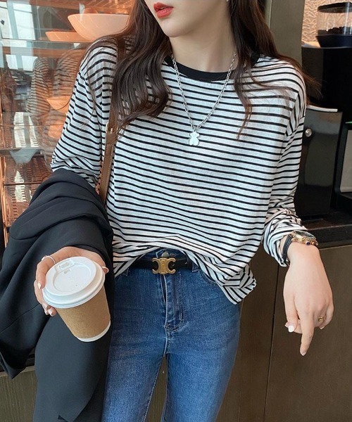 Per sist ence(パーシエンス)の「ボーダーリンガーTシャツ(Tシャツ/カットソー・レディース・ホワイト×レッド/サックスブルー系/ホワイト×ブラック/イエロー×ブラック/イエロー×グレー・FREE)」の3枚目の写真