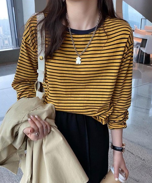 Per sist ence(パーシエンス)の「ボーダーリンガーTシャツ(Tシャツ/カットソー・レディース・ホワイト×レッド/サックスブルー系/ホワイト×ブラック/イエロー×ブラック/イエロー×グレー・FREE)」の5枚目の写真