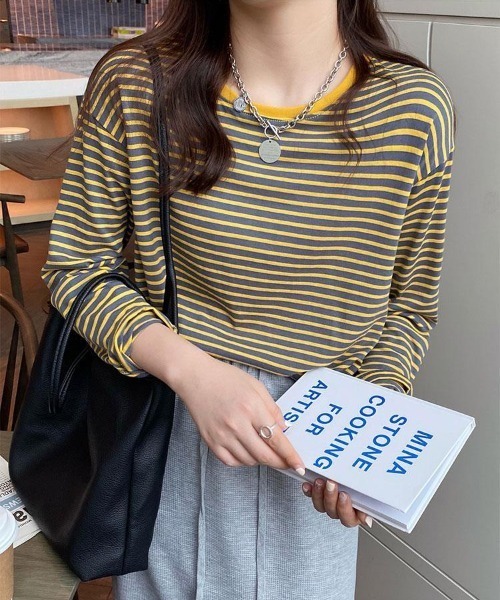 Per sist ence(パーシエンス)の「ボーダーリンガーTシャツ(Tシャツ/カットソー・レディース・ホワイト×レッド/サックスブルー系/ホワイト×ブラック/イエロー×ブラック/イエロー×グレー・FREE)」の1枚目の写真