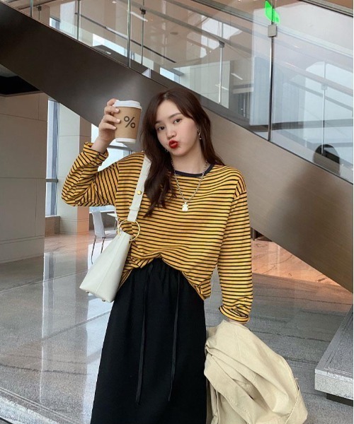 Per sist ence(パーシエンス)の「ボーダーリンガーTシャツ(Tシャツ/カットソー・レディース・ホワイト×レッド/サックスブルー系/ホワイト×ブラック/イエロー×ブラック/イエロー×グレー・FREE)」の17枚目の写真