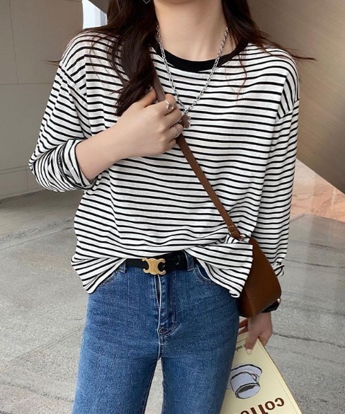 Per sist ence(パーシエンス)の「ボーダーリンガーTシャツ(Tシャツ/カットソー・レディース・ホワイト×レッド/サックスブルー系/ホワイト×ブラック/イエロー×ブラック/イエロー×グレー・FREE)」の11枚目の写真
