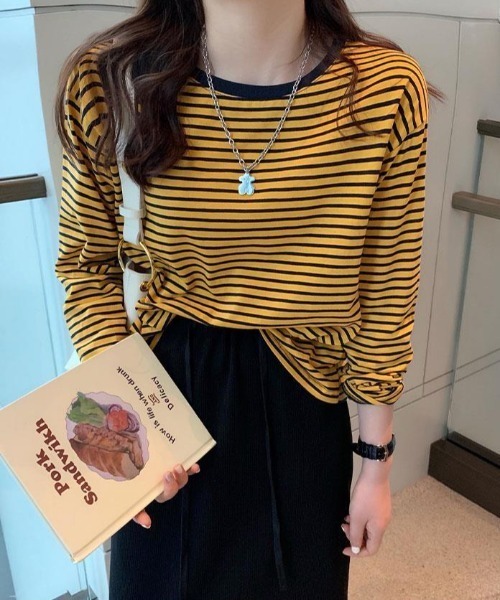 Per sist ence(パーシエンス)の「ボーダーリンガーTシャツ(Tシャツ/カットソー・レディース・ホワイト×レッド/サックスブルー系/ホワイト×ブラック/イエロー×ブラック/イエロー×グレー・FREE)」の19枚目の写真