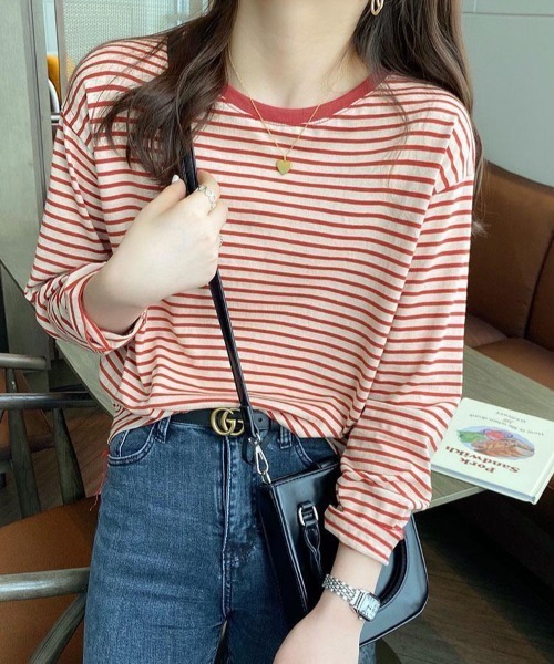 Per sist ence(パーシエンス)の「ボーダーリンガーTシャツ(Tシャツ/カットソー・レディース・ホワイト×レッド/サックスブルー系/ホワイト×ブラック/イエロー×ブラック/イエロー×グレー・FREE)」の7枚目の写真
