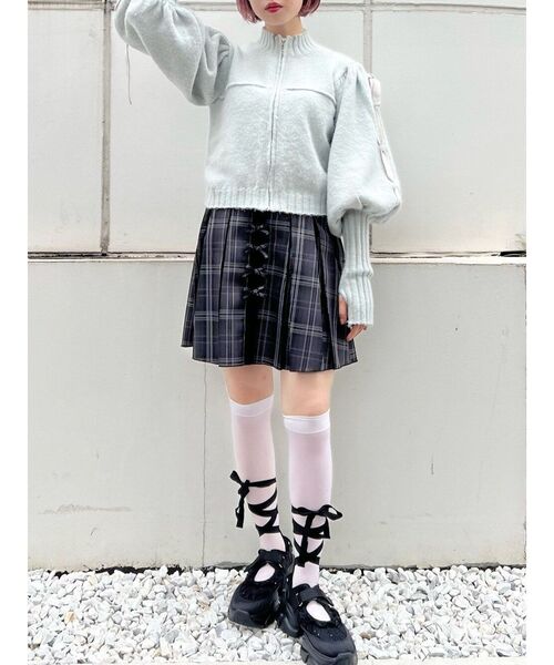 merry jenny（メリージェニー）の「プリーツチェックリボンミニスカート（スカート・レディース・ブラック/ブルー・FREE）」の2枚目の写真