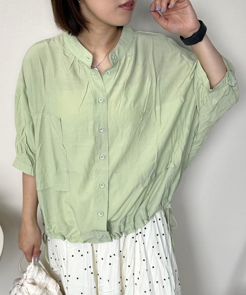 CRB（シーアールビー）の「裾ドロストノーカラーシャツ（シャツ/ブラウス・レディース・ブラック/グリーン/オフホワイト・F）」の10枚目の写真