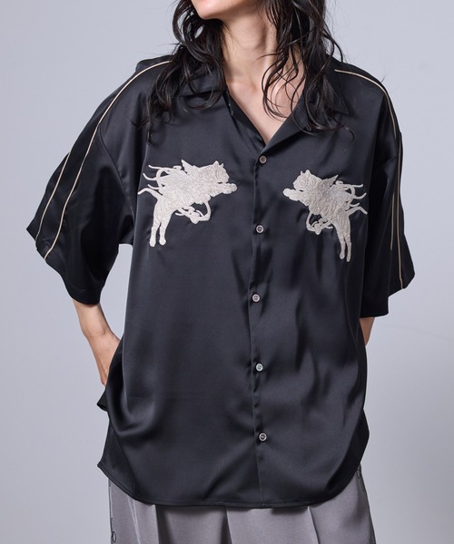 JUNRED(ジュンレッド)の「ヴィンテージライクフロント刺繍スカシャツ(シャツ/ブラウス・メンズ・ベージュ系その他/ブラック・L/M/S)」の3枚目の写真