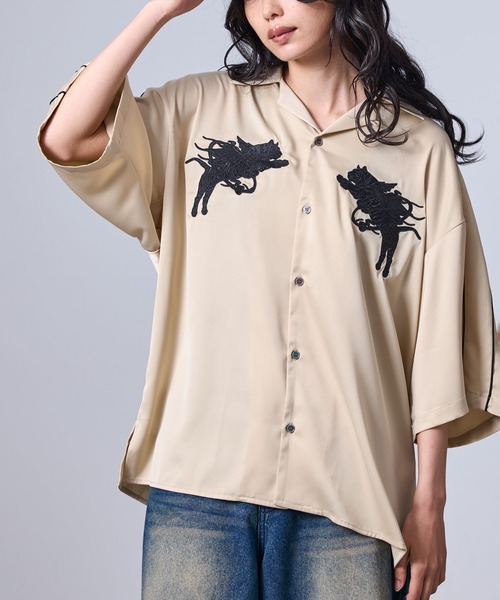 JUNRED(ジュンレッド)の「ヴィンテージライクフロント刺繍スカシャツ(シャツ/ブラウス・メンズ・ベージュ系その他/ブラック・L/M/S)」の9枚目の写真