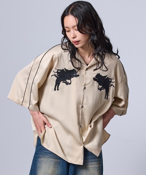 JUNRED(ジュンレッド)の「ヴィンテージライクフロント刺繍スカシャツ(シャツ/ブラウス・メンズ・ベージュ系その他/ブラック・L/M/S)」の12枚目の写真