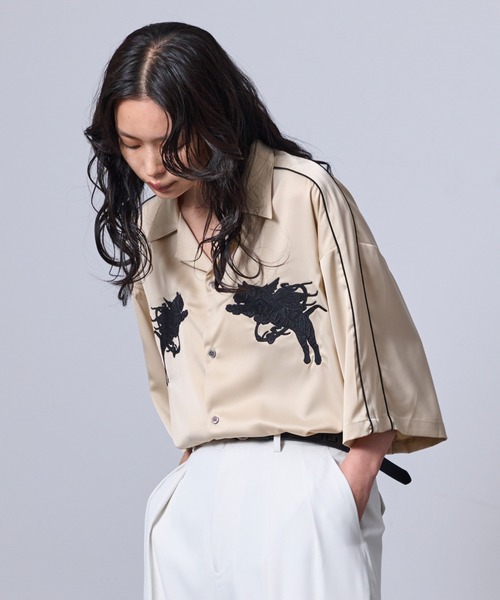 JUNRED(ジュンレッド)の「ヴィンテージライクフロント刺繍スカシャツ(シャツ/ブラウス・メンズ・ベージュ系その他/ブラック・L/M/S)」の13枚目の写真