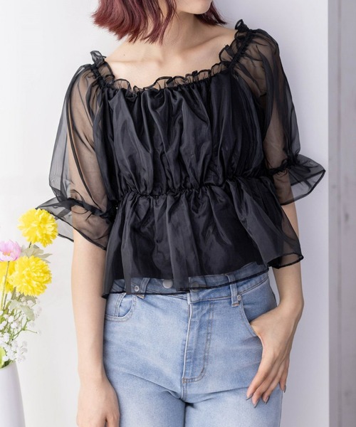 clear（クリア）の「オーガンジー半袖ギャザーショート丈ブラウス[大人 フェミニン]≪再入荷≫（シャツ/ブラウス・レディース・ブラック/グレー/ベージュ/サックスブルー・F）」の2枚目の写真