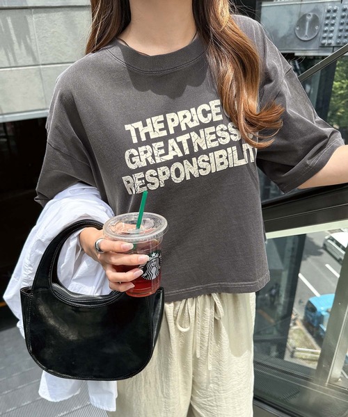 andme(アンドミー)の「ピグメント加工ロゴプリントショート丈Tシャツ(Tシャツ/カットソー・レディース・チャコールグレー/オフホワイト/ネイビー/グリーン・M)」の14枚目の写真