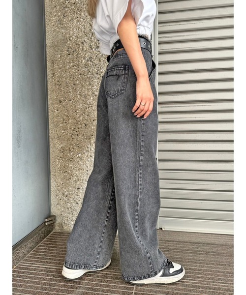 海外限定スパイク販売 カットオフハイウエストデニムワイドパンツ（デニムパンツ パンツ