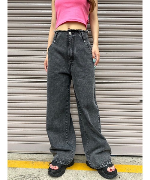 カットオフハイウエストデニムワイドパンツ（デニムパンツ