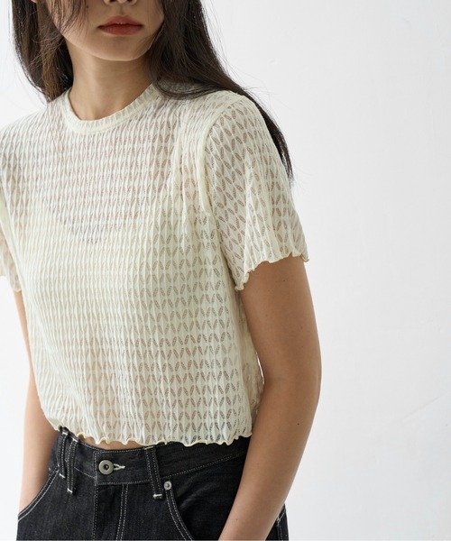 WILLFULLY（ウィルフリー）の「rhomboid stripe sheer T-shirt（Tシャツ/カットソー・レディース・ブラック/クリーム/ホワイト・FREE）」の3枚目の写真